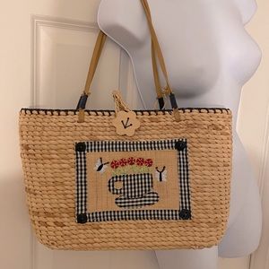 Womens straw weaved shoulder bag with classic gingham pattern. NWOT.